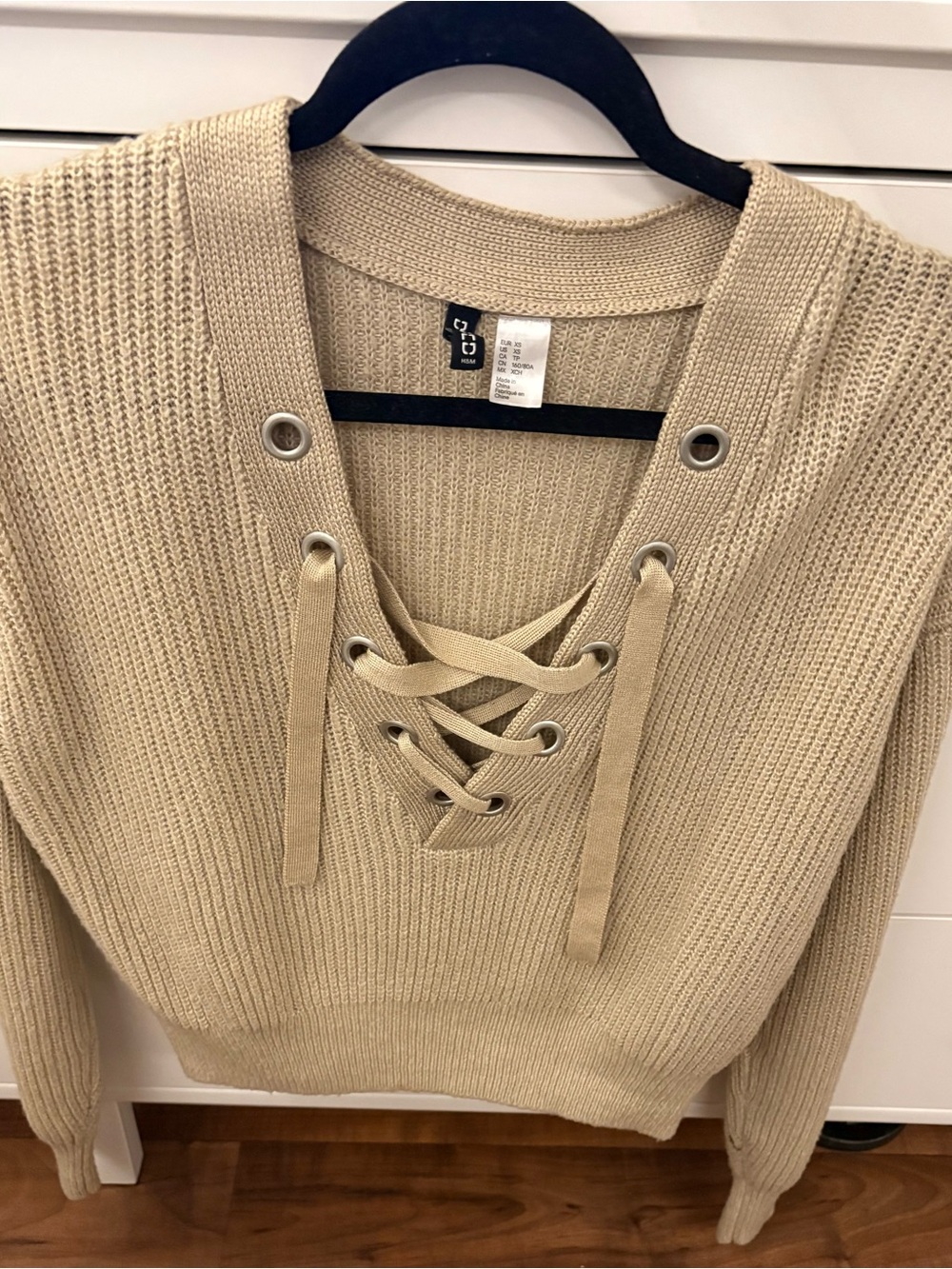 H&M Beige Lace-Up V-Neck Knit Sweater